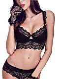 Purplegrape Womens Embroidery See-Through Lace Plunge Push Up Bra Set Lingerie Bra and Panties Thongs (34B, Black)