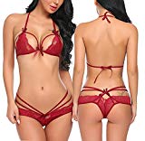 Avidlove Lingerie Lace Babydoll 2 Piece Sexy Bra and Panty Sets Dark Red L