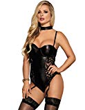 Ohyeah Women Lace Teddies Lingerie Faux Leather Bodysuit Garter Leotard Nightwear, Black, XXXXX-Large(US 16-18)