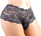 SISSY pouch panties size 32"-34" silky lace bikini briefs girly underwear sexy for men----(Grey, M)