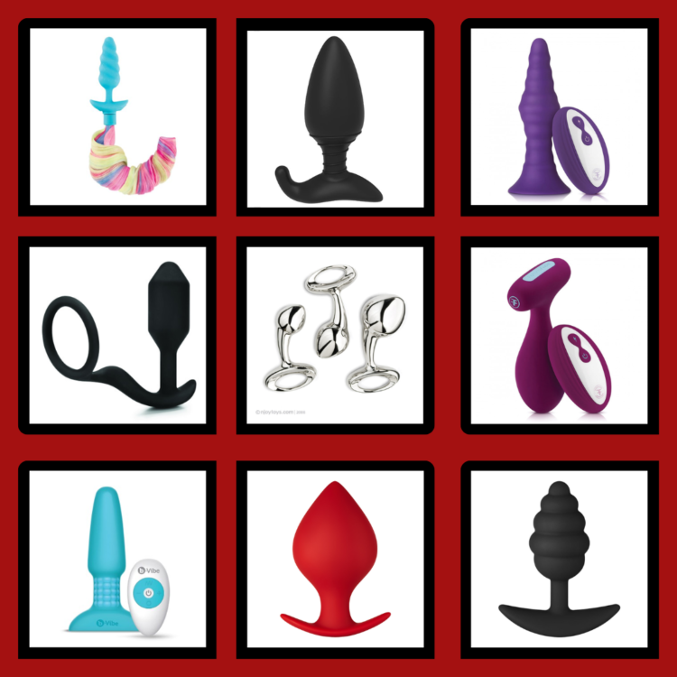 9 box grid of photos of a wide variety of butt plug - steel, with tail, vibrating, with cock ring